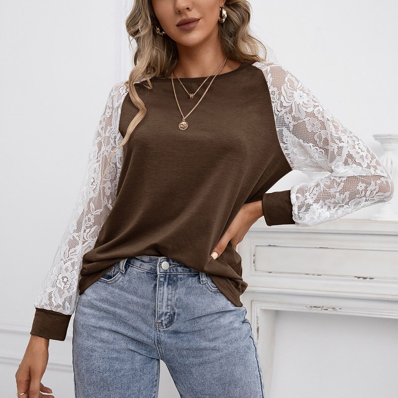 Women Round Neck Ladies Fashion Casual Long Sleeve Tops Sexy Lace Pullover Plus Size T-Shirt Solid Color Loose Cotton Tops