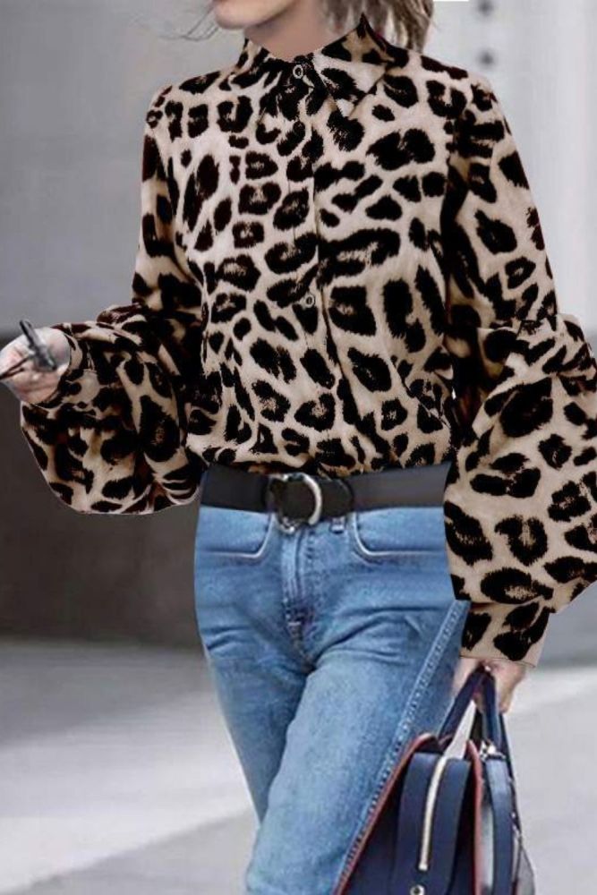 Women Leopard Print Blouse Shirt Vintage Autumn Polka Dot Shirt Button Loose Long Lantern Sleeve Lapel Elegant Office Ladies Top