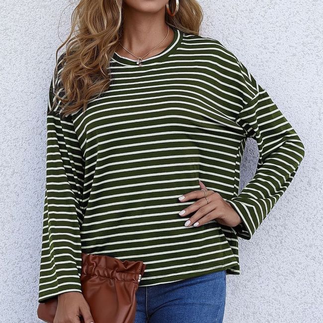 2021 New Spring Autumn Tops Women Striped T Shirt Casual Long Sleeve Oversized Loose Tee Shirt Fashion Ladies Top Tees
