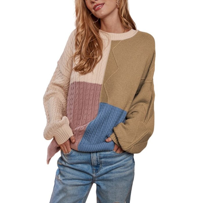 Women Clothing Sweater Autumn Winter 2021 New Knitwear Female Lantern Sleeve O Neck Contrast Color Twist Knit Pullovers