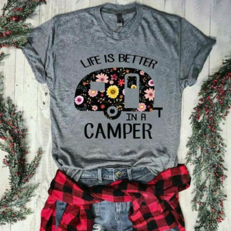 LIFE IS BETTER IN A CAMPER Letter Printed Short-sleeved T-shirt