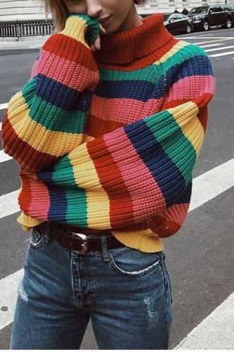 Rainbow Turtleneck Sweaters Women Striped Oversized Pullover