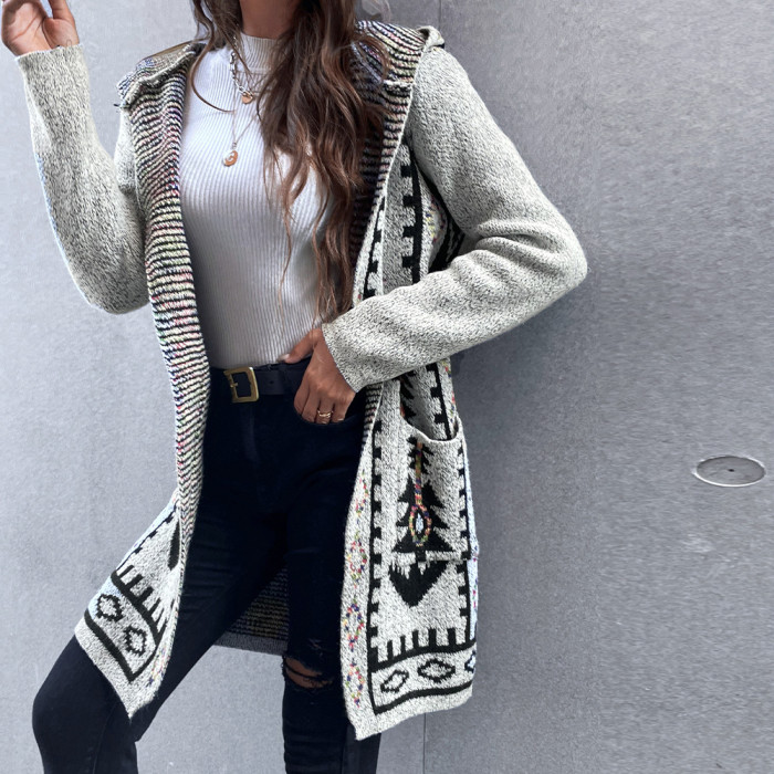 Fashion Tassel Y2K Print Long Sleeve Oversized Knitted Sweater Cardigan