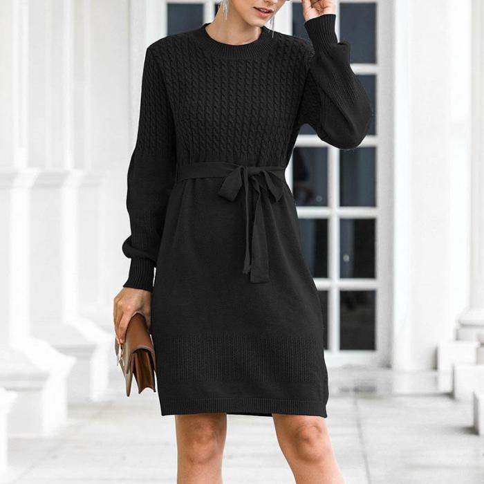 streetally Elegant high waist knitted dress women Office ladies autumn winter belt sweater dress female Soft bodycon midi dress