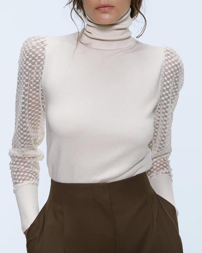 High Neck Long Sleeve Lace Insert Blouse