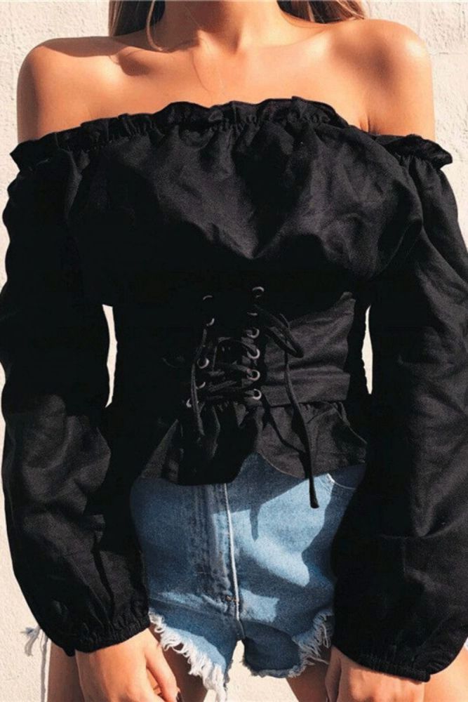Fashion Sexy Women's Off Shoulder Corset Blouse Tops Lantern Sleeve Long Sleeve Shirt Casual Blouse Corset Tops