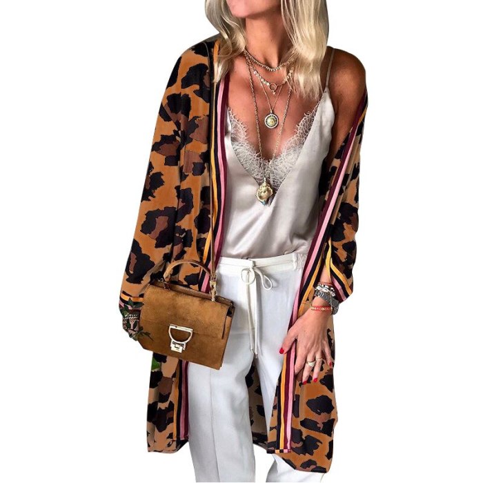Women Fashion Cool Mid-length Leopard Print Cardigan Coat Lady Autumn Clothes Trendy Trench Coat Windbreaker Streetwear FC736