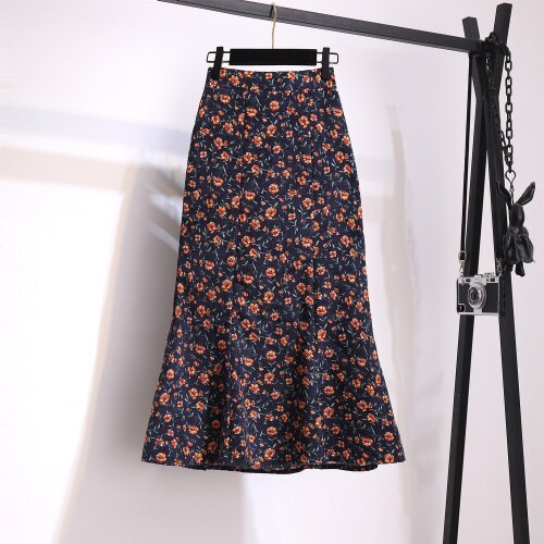 Retro Floral Mermaid Skirt A-line Package Hip New Mid-length Corduroy Skirt Spring and Autumn Women's Three Large Size Trend