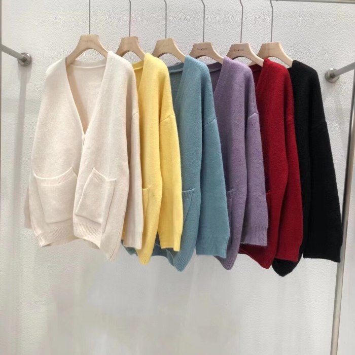 Loose 2021 Spring Knitted Cardigan Women's Sweaters V-Neck New Mid-Length Pocket Long Sleeve Cardigans Kint Tops Female Sweater