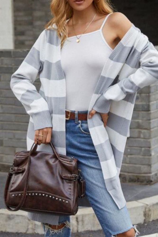 2021 autumn new product European and American knitted sweater long color contrast striped cardigan sweater women