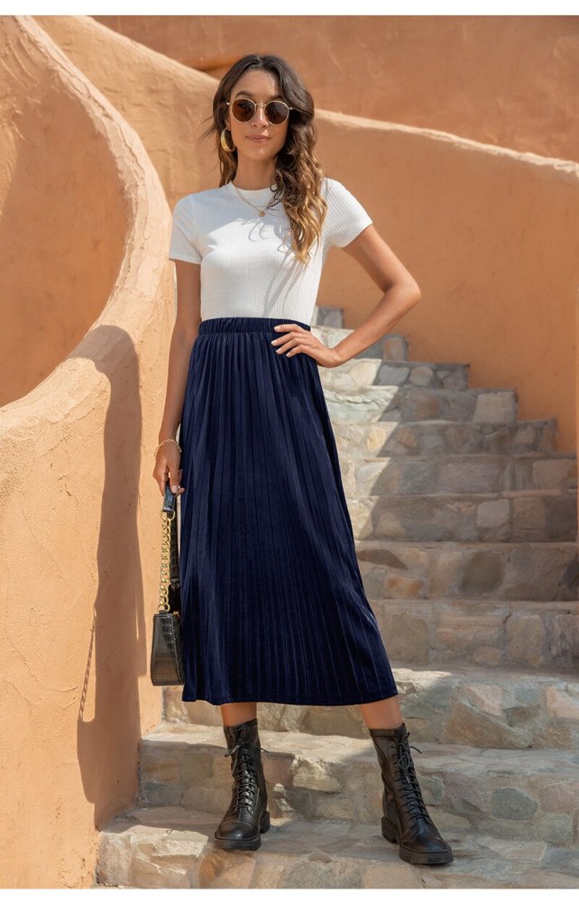 2021 Women-clothing summer High-waisted skirt waist women's fashion velvet casual A-line pleated skirt faldas