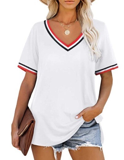 Women'S T-Shirt 2021 Stripe Splicing Color Matching Short Sleeve V-Neck T-Shirt Loose Casual Top Crop Camisetas De Mujer Tops