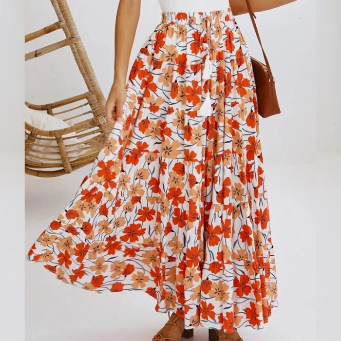 Women Skirt Elastic Waisted Printed Skirt Loose Long Pleated Skirts High Waist Flower Maxi Skirts Spring Summer 2021 New
