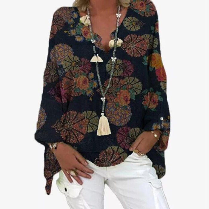 V-Neck Linen Cotton Blouse Shirts Floral Print Tops