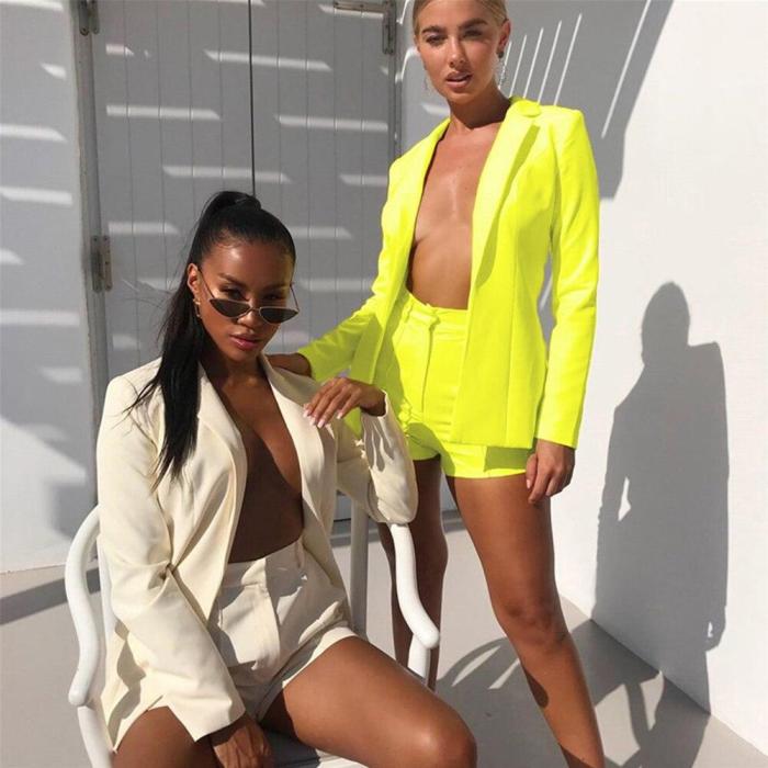 Sexy Blazer Set Women Summer Fashion Long Sleeve Cardigan Jacket +High Waist Short Pants Solid Color Casual Loose Two-piece Suit