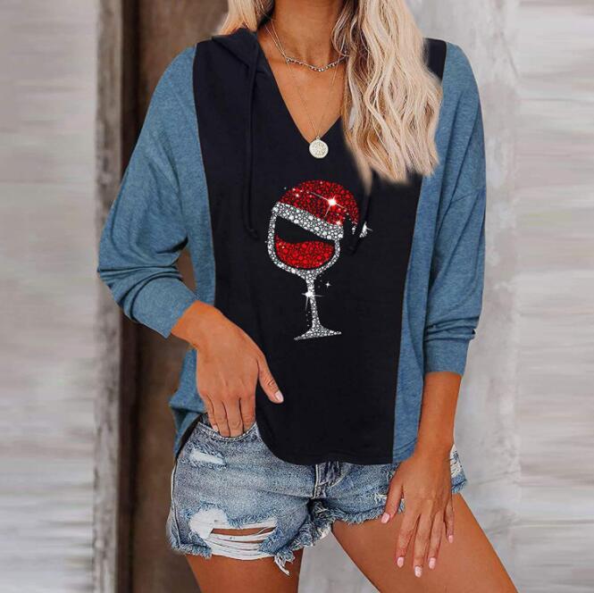Wine Glass Printed Christmas T Shirt Women Winter Tops Plaid Long Sleeve Splicing Color T-shirt Xmas Ladies Tshirt
