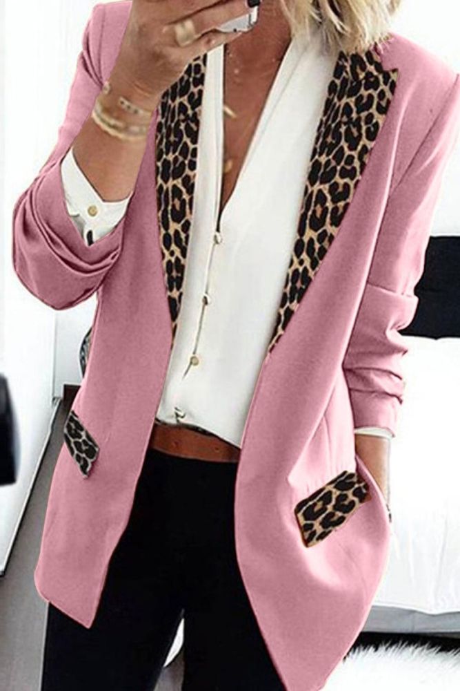 Spring and Autumn Casual Fashion Leopard Print Neck stitching Long-Sleeved Small Suit Jacket Women