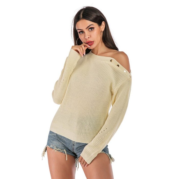 Women's Fashion Sweaters Autumn Winter Female's Long Sleeve Slash Neck Loose Light Thin Casual Knitting Shirts Ladies Tops