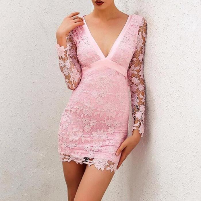 Sexy Deep V Lace Hollow Out Slim Bare Back Bodycon Dress