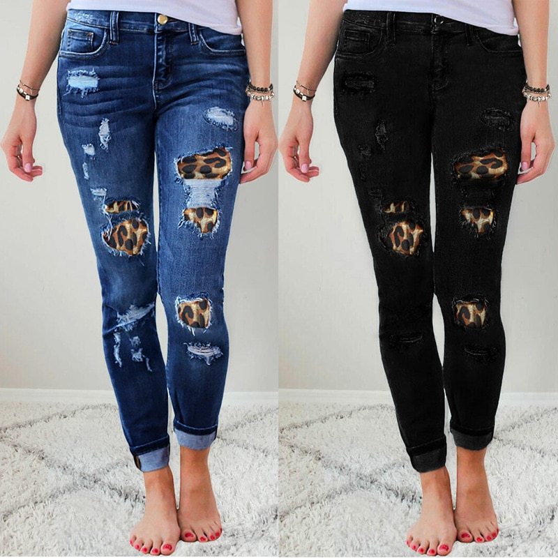 2021 Fall Women's Plus Size Skinny Jeans Solid Color Leopard Patchwork Irregular Ribbed Hole Pencil Pants Stretch Slim Pants