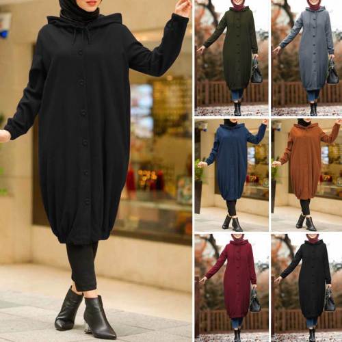Winter Sweatshirt Dress Women Vintage Autumn Abaya Long Sleeve Sundress Casual Muslim Dress Kaftan Robe Solid Vestido