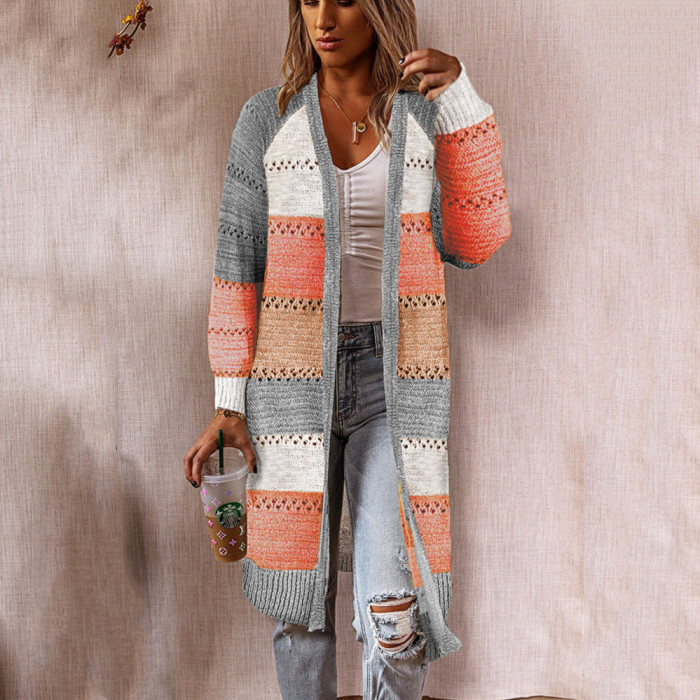 Women Cardigan Comfy Stylish Stitching Long Sleeve Striped Patchwork Sweater Female Casual Long Cardigan Autumn Winter Tops