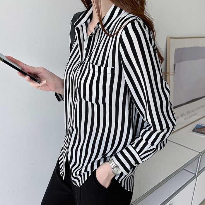 Autumn Fashion Stripe Chiffon Long-sleeve Women Shirts Professional Temperament Office Lady Button Up Shirt Camisas De Mujer