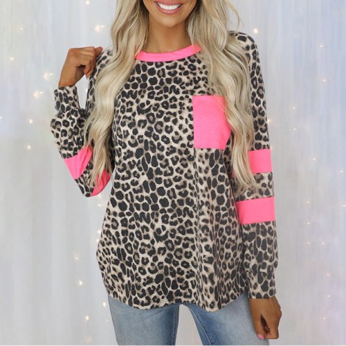 Women's Tops New Leopard Print Long-Sleeved Stitching Pocket Casual Round Neck Work T-Shirt All-Match Vestidos Ge Muje