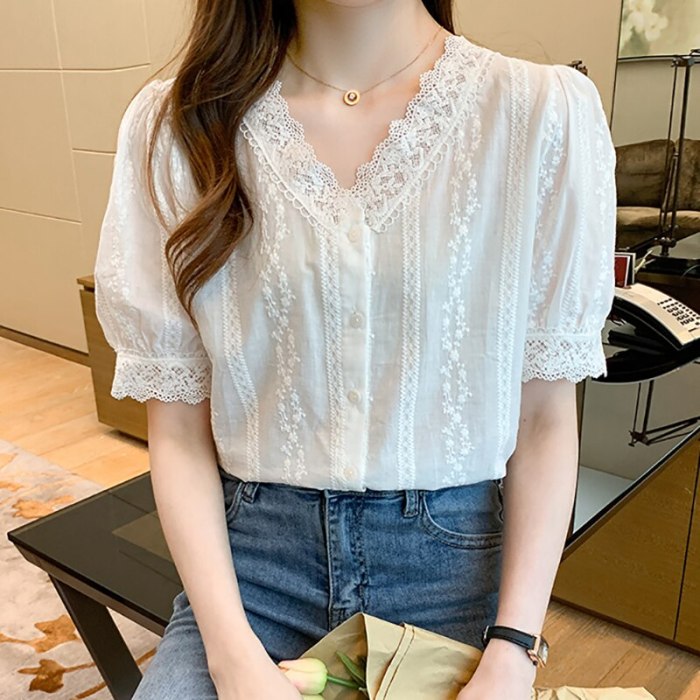 V-Neck Lace Button White Shirt Women Clothes 2021 Summer Tops England Style Short Sleeve Womens Blouses Shirts Chemisier Femme