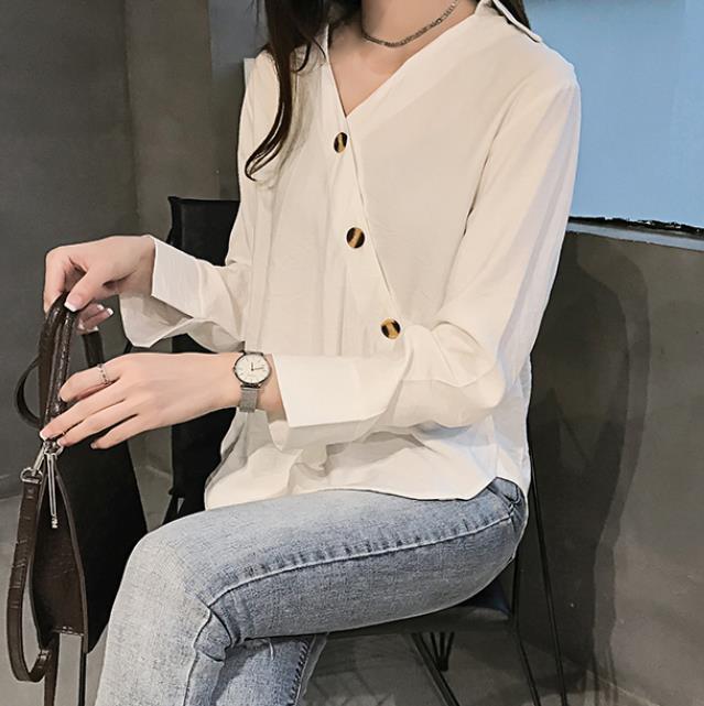 Fashion Oblique Buckle Frenulum Long Sleeves Blouse