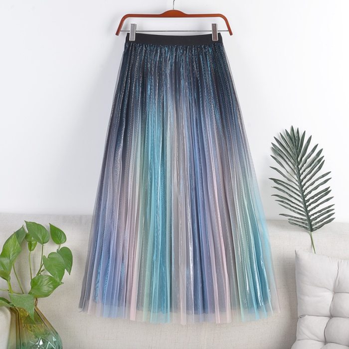 Summer Women's Tulle Pleated Skirts with High Waist A Line Patchwork Rainbow Skirt Women Knee Length Tulle Skirt Femme