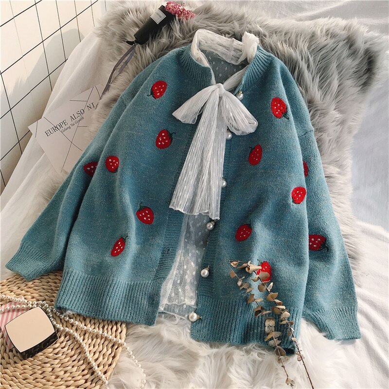 Oversize Cardigan Strawberry Embroidery Pearl Buttons Sweater