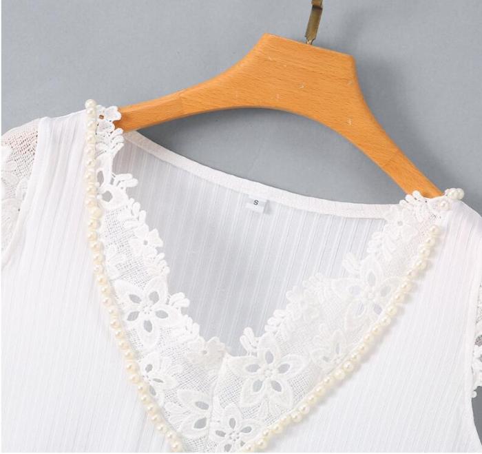 Women Summer Sexy T-Shirts Casual Solid Lace Patchwork Design Pearl Decor See Through V-Neck Sleeveless Slim Pullover White Tops