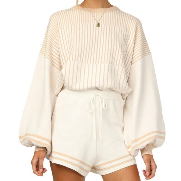 2021 Women's Long-sleeved Sweater Shorts Home Service Two-piece Suit Flare Sleeve Drawstring Loose Aesthetic