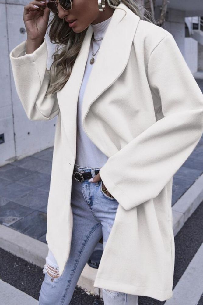 2021 Autumn New Woolen Coat Women Turn-down Collar Long Sleeve Solid Female Midi Coats Fashion Elegant Office Lady Winter Blazer