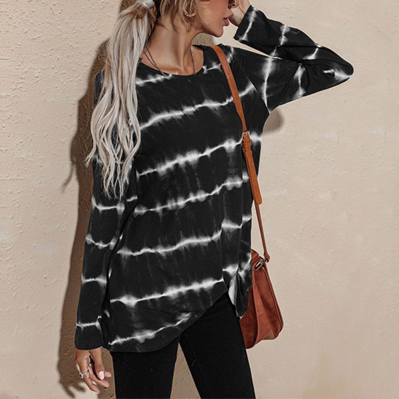 Spring And Autumn Leisure Long Sleeve T-Shirt Women's Round Neck Staining Print Striped Shirt Top