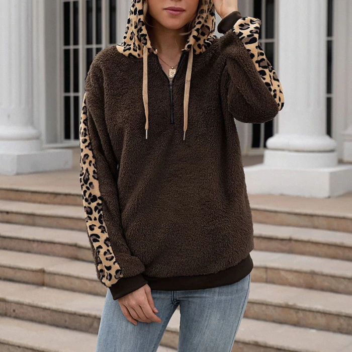 Leopard Patchwork Lambswool Women's Hooded Tops Zipper Lace Up Fluffy Ladies Hoodie Sweashirts Autumn Fashion Loose Casual 2021