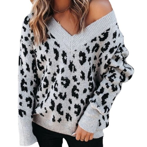 Women's V-neck Strapless Leopard Pullover Loose Sweater Pullover Knitted Sweater Streetwear Vintage Aesthetic Clothes