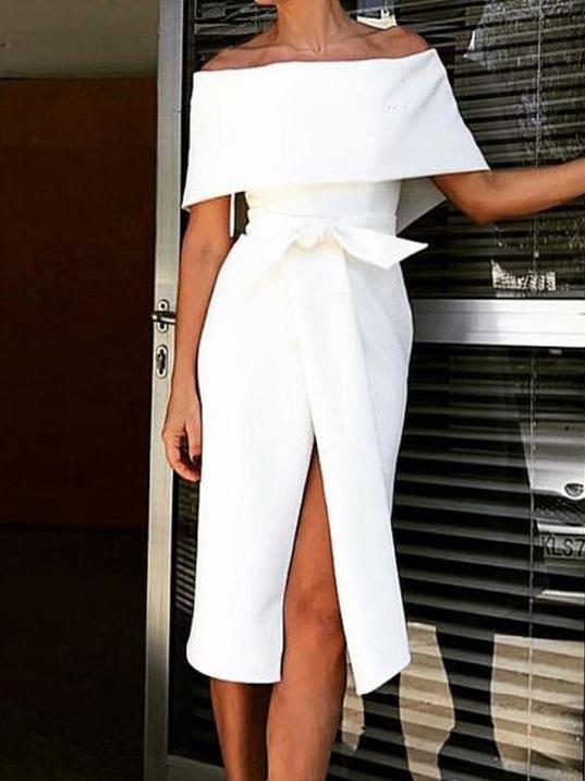 Fashion Off Shoulder Plain Bow Slit Bodycon Dress