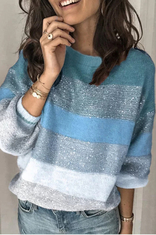 Women Long Sleeve Crew collar Stripes Patchwork Sweaters