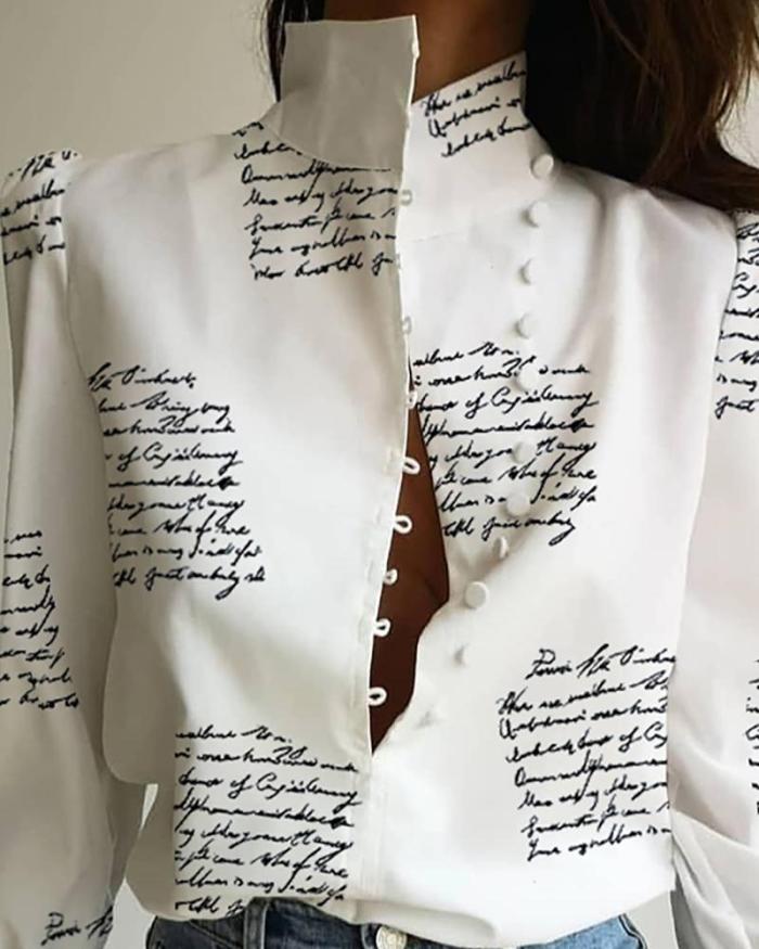 Stand Neck Letter Print Buttoned Shirt