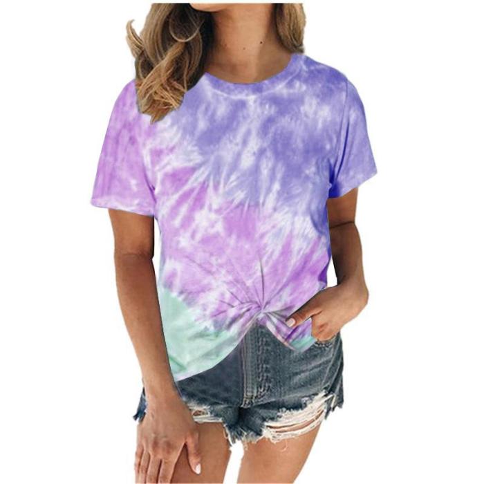Women Tie Dye Printed Fashion Casual Knotted Short Sleeve Summer T-shirt Top