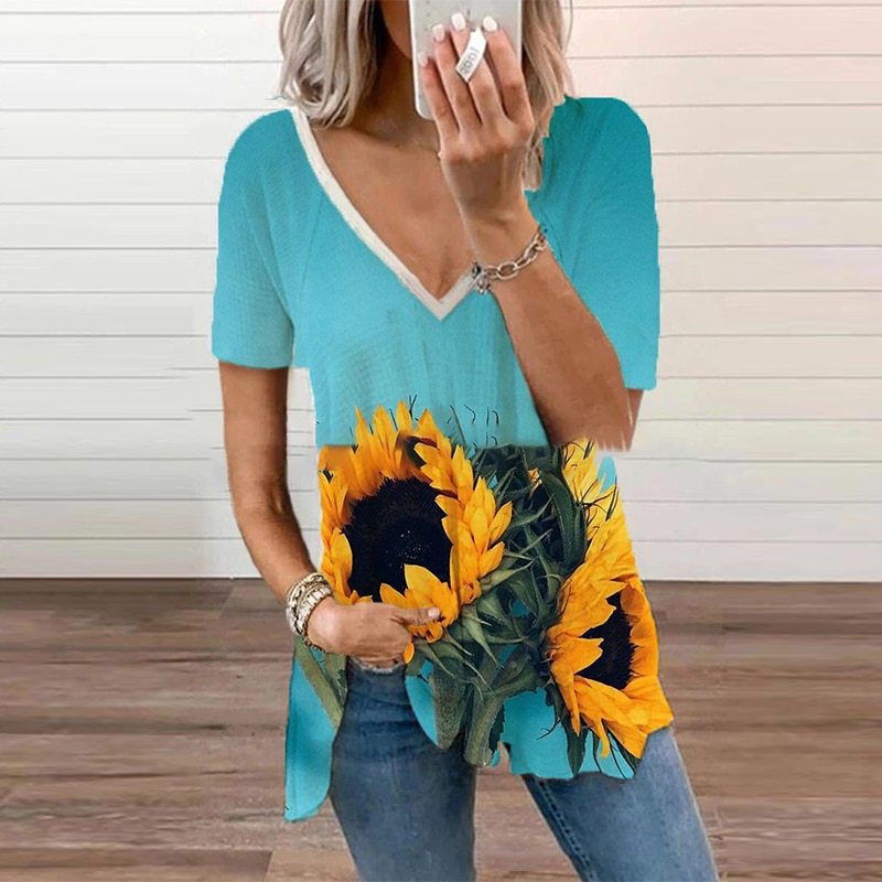 Summer V-neck Short-sleeved Sunflower Print T-shirt Loose Casual Fashion Women's Clothing Summer Plus Size