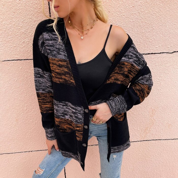 Women's Autumn And Winter Knitted Sweater Hit Color Single-breasted Loose Casual Knitted Cardigan Sweater