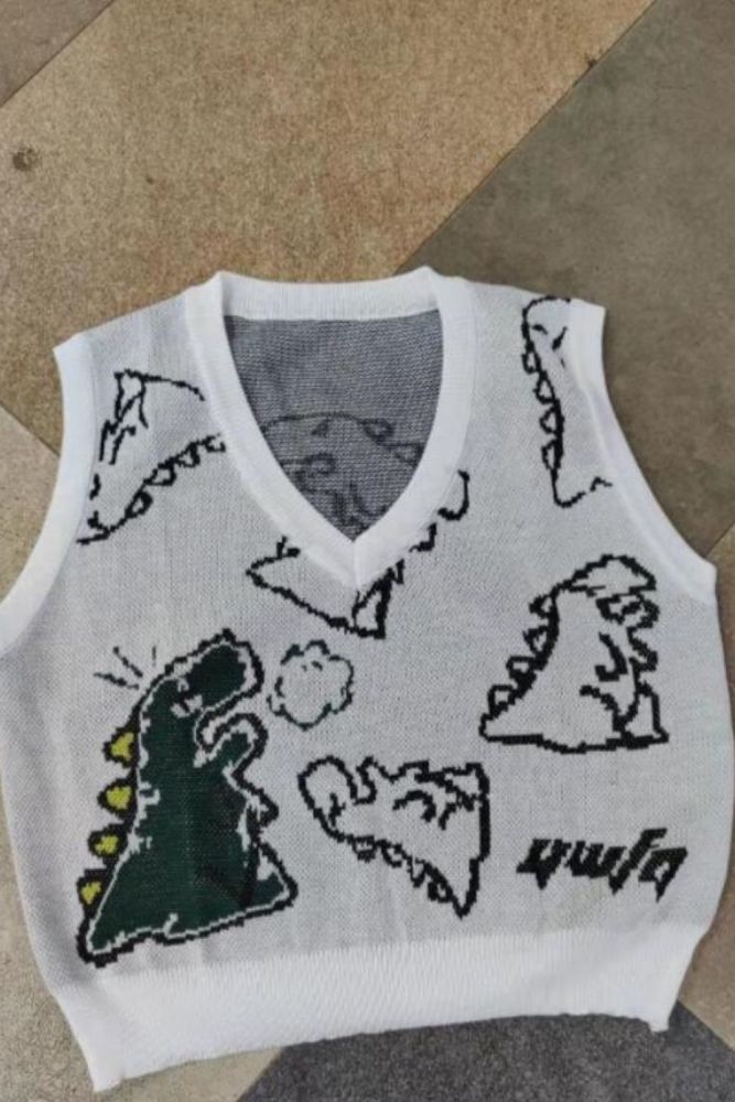 Knitted Vest Tops Men Dinosaur Graffiti Graphic Sleeveless Vest Loose Casual Kintted Tank Pullover Streetwear