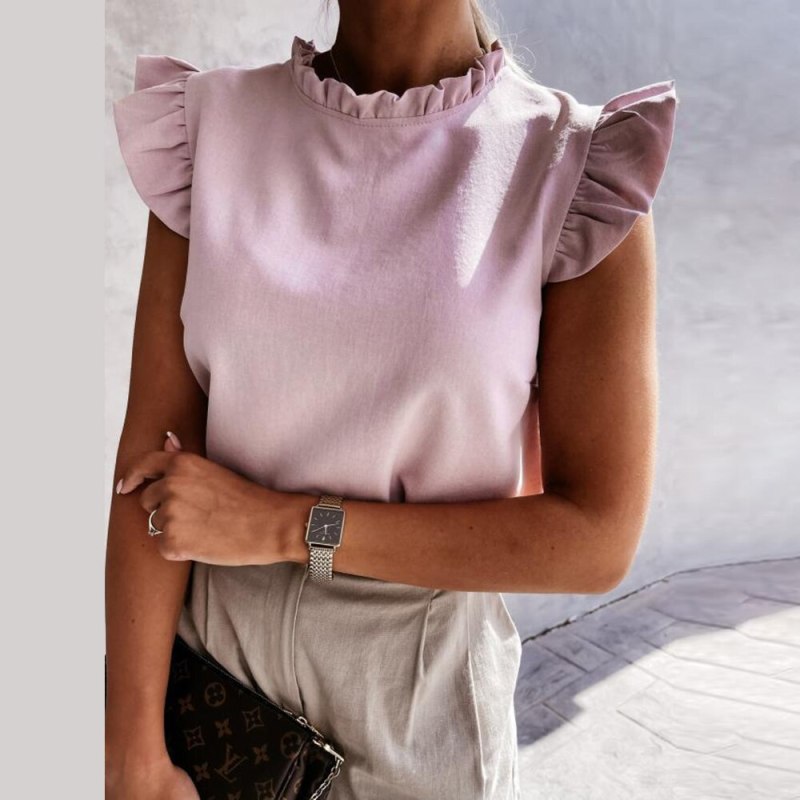 Fashion Ruffles Sleeve Tops O-neck Women T Shirt 2021 Summer Casual White Office Tee Shirt Femme Pink T-shirt Top Tshirts