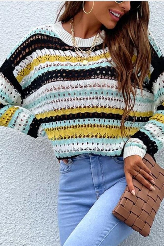 Women Clothing Sweater Autumn Winter 2021 New Beach Overall Hollow Out Colors Stripe Splicing Female Pullovers