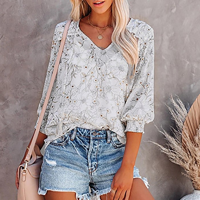 Blouse 2021 Women Plus Size Small Daisy Print V-neck Three-Quarter Sleeve shirt Tops Summer Female Shirts Blusas blouses femme