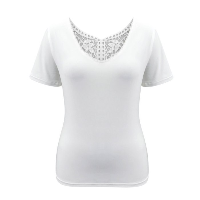 Women's fashion casual commuter T-shirt 2021 summer tops Sexy V-neck solid color thin lace short sleeves white T-shirt