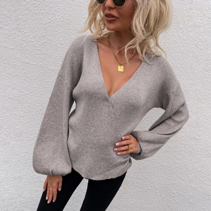 Autumn Winter Clothes Sweater Women 2021 New Fashion Cross V-Neck Lantern Sleeve Knitwear Pullovers Female Jumper Knitted Top